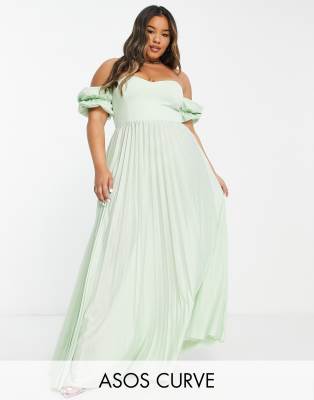 ASOS DESIGN Curve - Plissiertes Bardot-Maxikleid in Salbeigrün - LGREEN