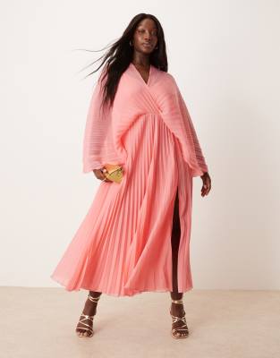 ASOS DESIGN Curve - Plissiertes Maxikleid in Rosé mit Cape-Detail-Rosa