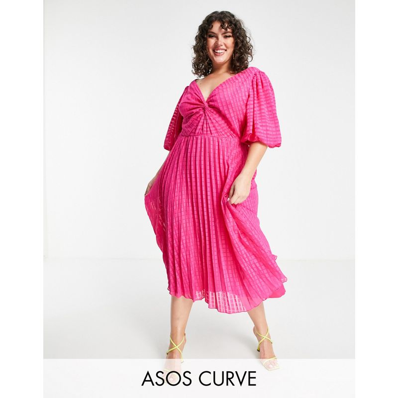 DESIGN Curve – Plissiertes Midi-Skater-Kleid aus Dobby-Stoff in Pink mit verdrehter Vorderseite