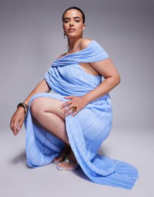 ASOS DESIGN Curve – Plissiertes Midikleid in Pastellblau mit Rock in Wickeloptik und drapierter Schulterpartie - view 1