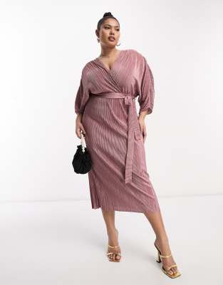 ASOS DESIGN Curve – Plissiertes Midikleid in Rose mit Bindegürtel und ...