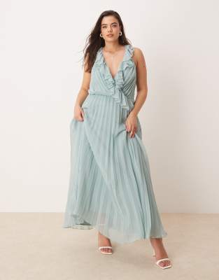 ASOS DESIGN Curve - Plissiertes Midikleid in Salbeigrün mit Rüschen-Wickeldesign-Bunt