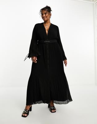 ASOS DESIGN Curve - Plissiertes Midikleid in Schwarz mit Blousonärmeln und Gürteldetail-Blau