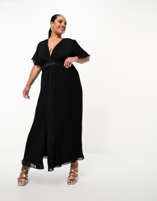 ASOS DESIGN Curve - Plissiertes Midikleid in Schwarz mit Flatterärmeln und Gürteldetail