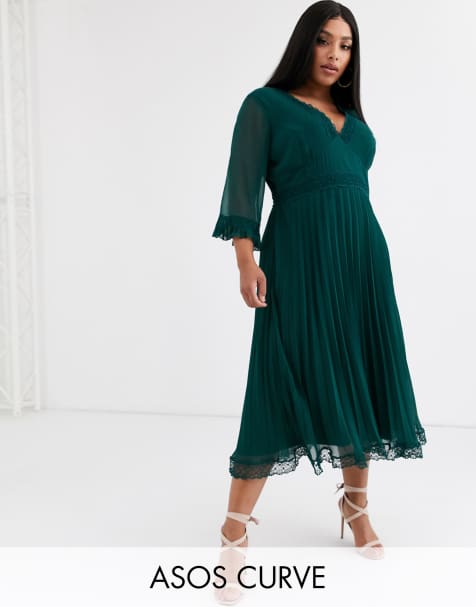 ASOS DESIGN Curve – Plissiertes Midikleid mit Spitzendetails