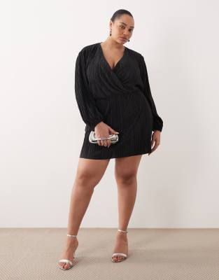 ASOS DESIGN Curve - Plissiertes Minikleid in Schwarz mit Blousonärmeln