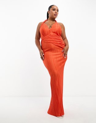 ASOS DESIGN Curve - Plissiertes Neckholder-Maxikleid in Orange mit tiefem Ausschnitt und Wasserfallausschnitt hinten