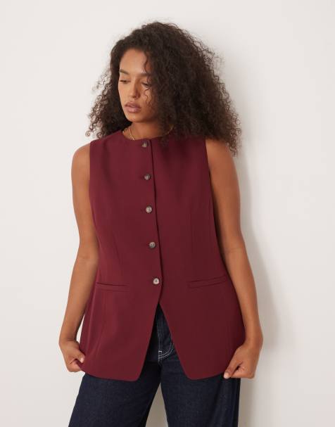 ASOS DESIGN Curve – Plommonfärgad, figursydd kostymväst med hög ringning och formad höft - view 1