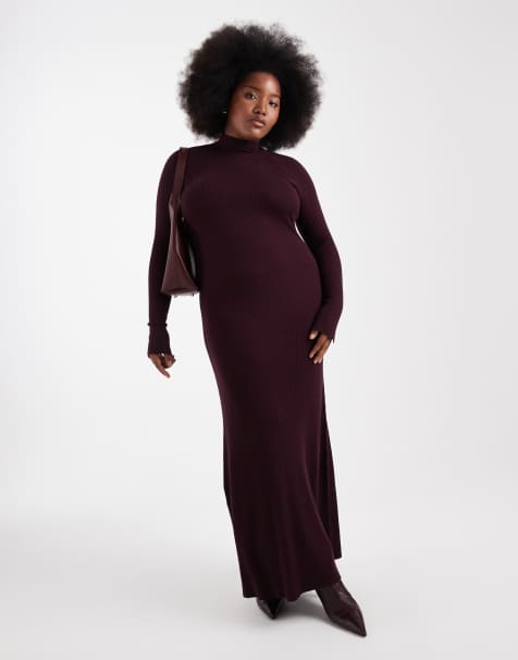 ASOS DESIGN Curve – Plommonfärgad, stickad maxiklänning med finmaskiga, ribbade detaljer - view 1