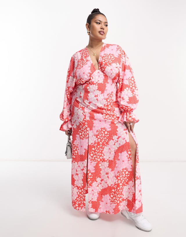 ASOS DESIGN Curve plunge batwing maxi dress in pink splice print