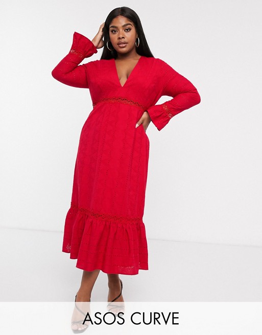 ASOS DESIGN Curve plunge broderie maxi dress with pephem and fluted sleeves