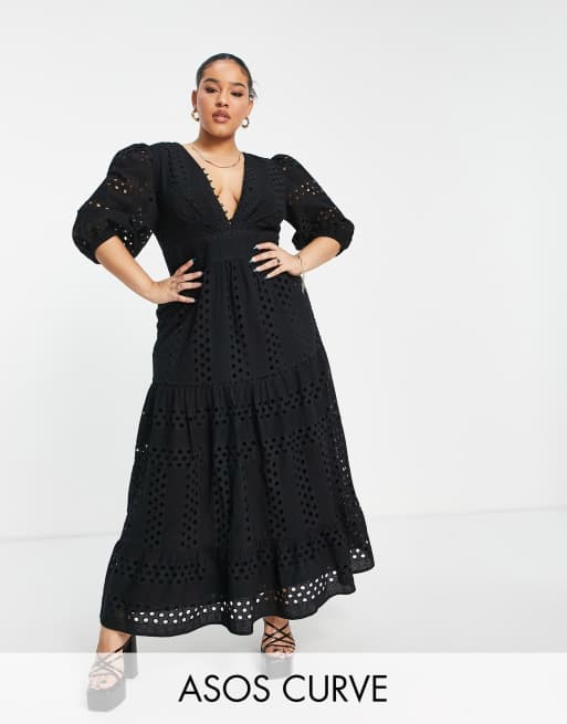 Asos Design Curve Plunge Broderie Tiered Midi Dress With Button Neck In Black Asos 