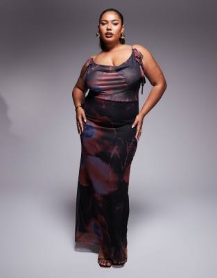 Asos Curve Asos Design Curve Plunge Cowl Neck Maxi With Tie Detail In Printed Mesh In Blurred Floral-multi