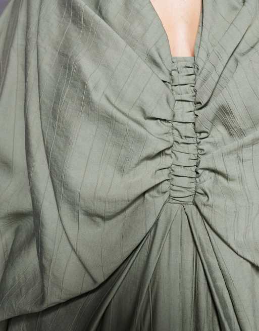 ASOS DESIGN Curve plunge elastic maxi dress with blouson sleeves in soft sage