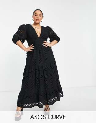 ASOS DESIGN Curve plunge eyelet tiered midi dress with button neck in black  | ASOS