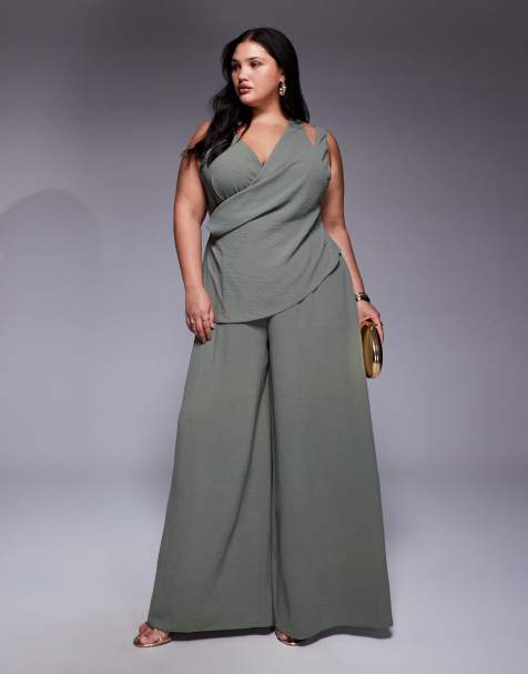 ASOS DESIGN Curve plunge multi straps wide leg jumpsuit in olive green - view 1