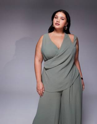 Asos Curve Asos Design Curve Plunge Multi Straps Wide Leg Jumpsuit In Green