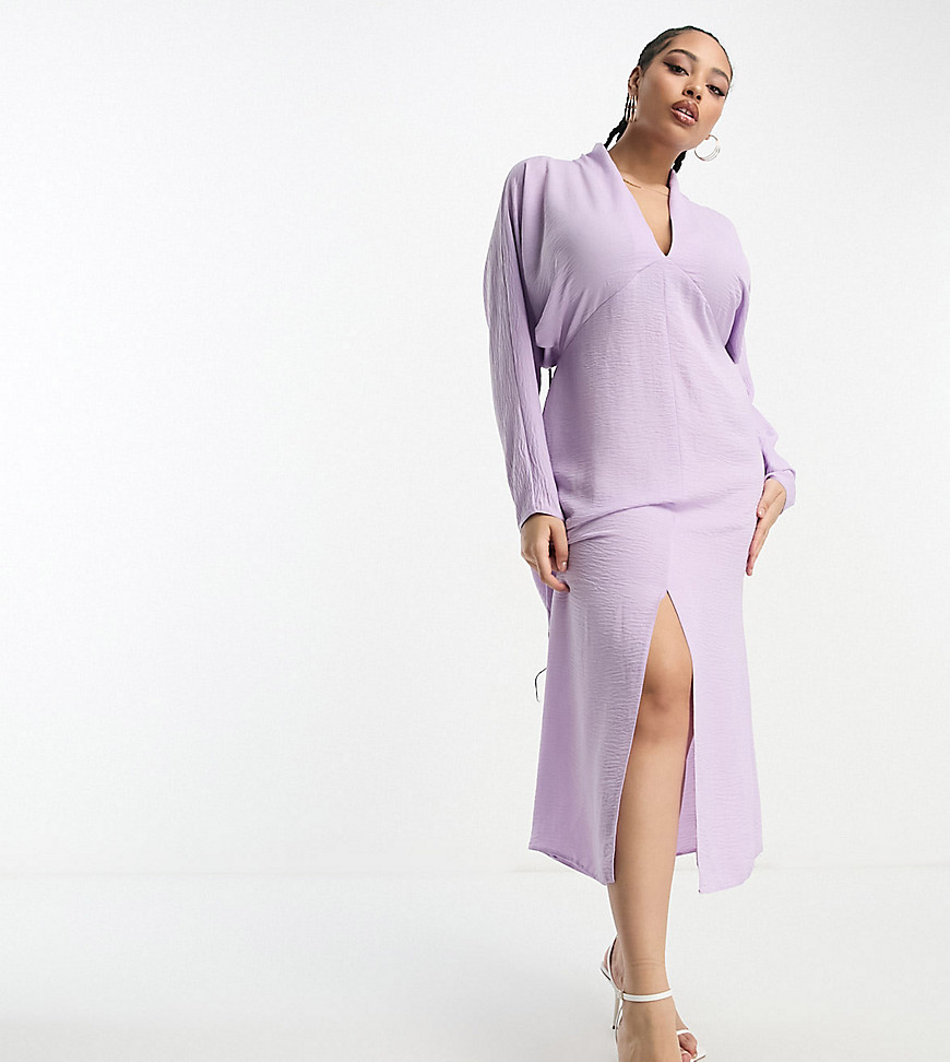 ASOS DESIGN Curve plunge neck batwing midi dress in lilac-Purple