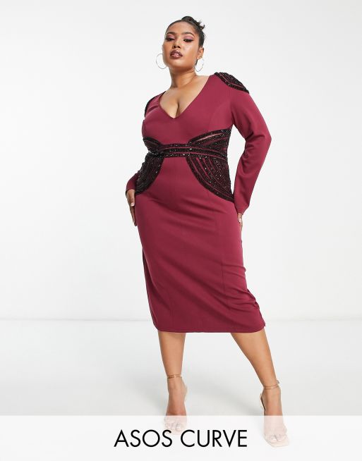 ASOS DESIGN Curve plunge neck long sleeve embellished midi dress in Plum