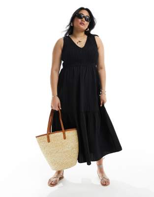 Asos Curve Asos Design Curve Plunge Neck Midi Sundress With Tie Back Detail In Black