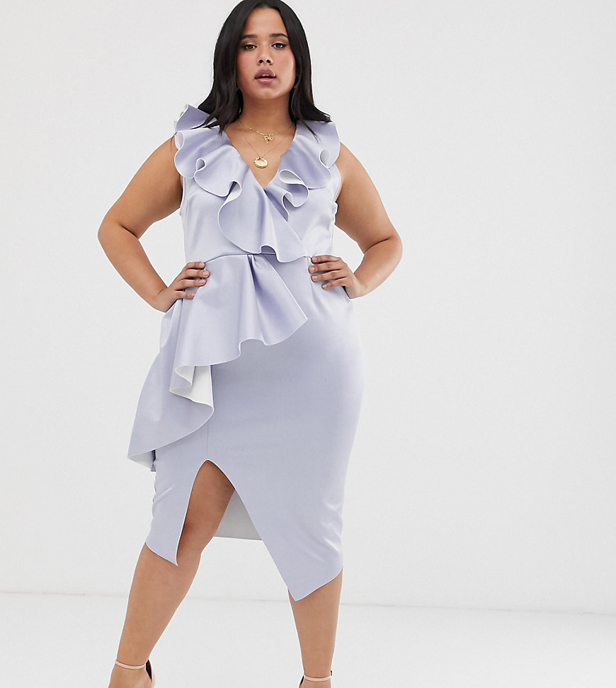 ASOS DESIGN Curve plunge ruffle midi dress with waterfall skirt-Blue