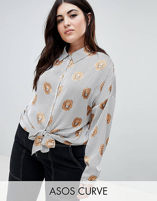 ASOS DESIGN Curve Plunge Satin long sleeve shirt With Tie Front In Stripe Lion