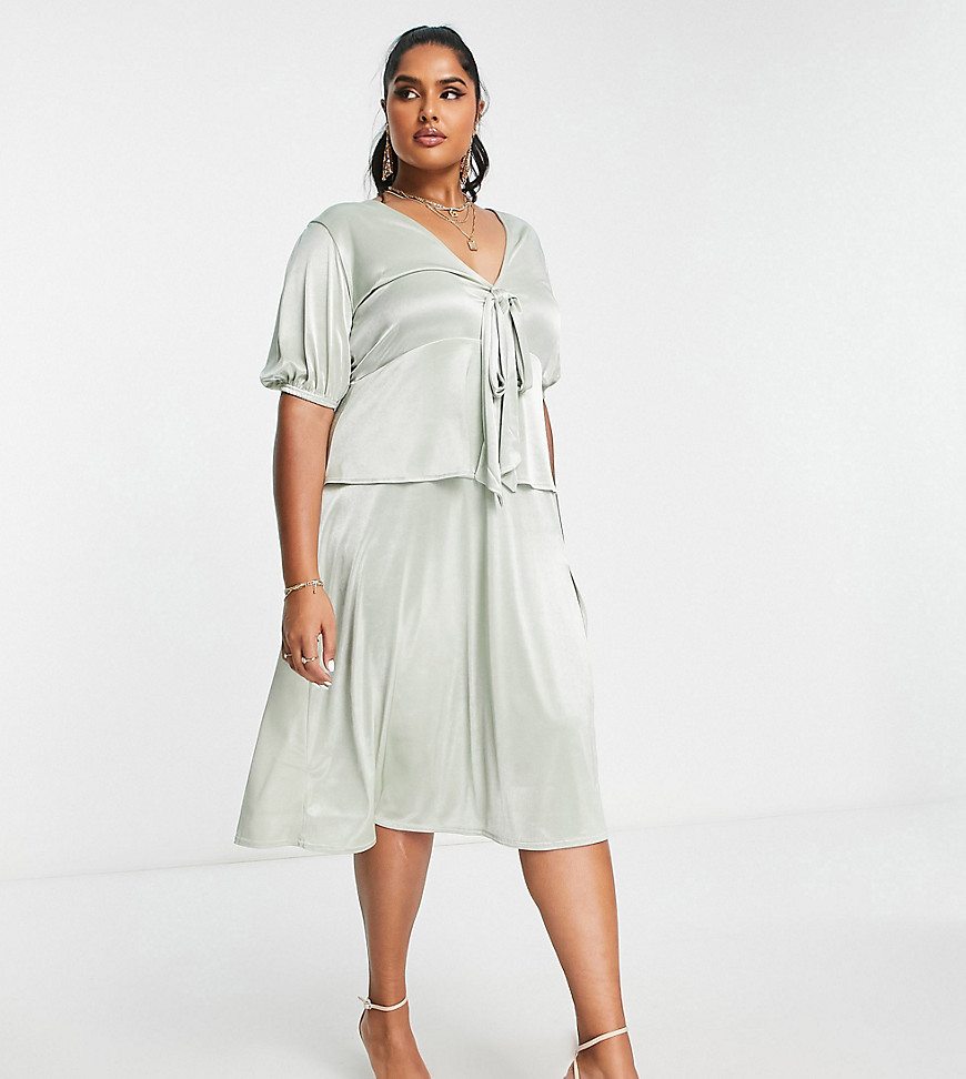 Asos Design Curve Plunge Tie Front Midi Dress With Thigh Slit In Sage Satin-yellow