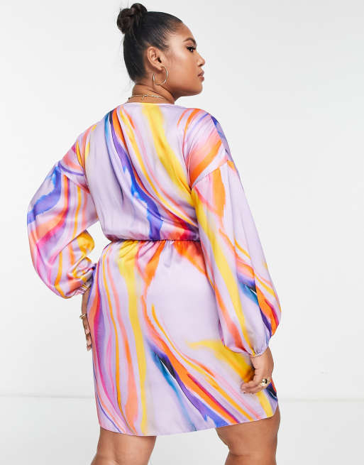 ASOS DESIGN Curve plunge tie front mini dress in purple marble print | ASOS