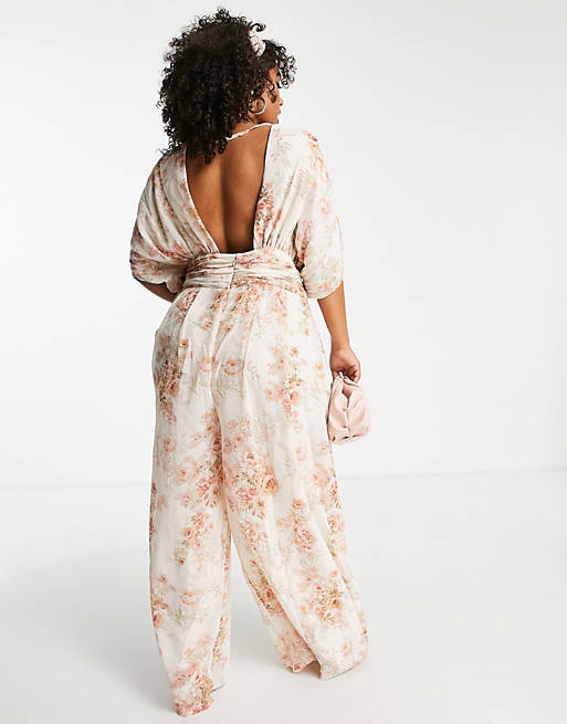 Jumpsuits & Playsuits Curve plunge wide leg jumpsuit in wallpaper floral with headscarf 