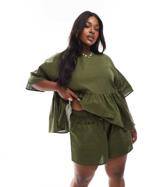ASOS DESIGN Curve pocket detail short set in khaki - view 1