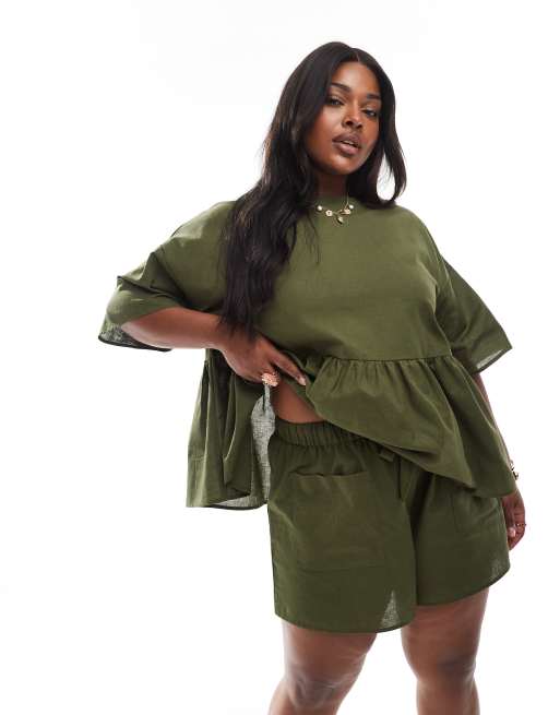 ASOS DESIGN Curve pocket detail short set in khaki