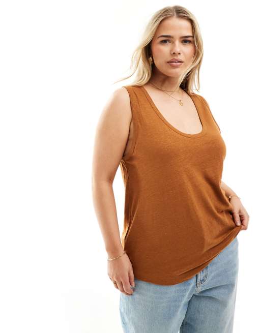 ASOS DESIGN Curve – Podkoszulek z dekoltem w kształcie litery U z imitacji lnu w kolorze terakoty
