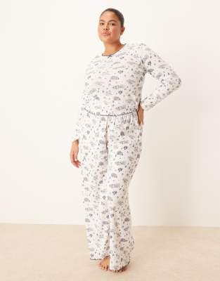 Asos Curve Asos Design Curve Pointelle Pajama Long Sleeve Tee And Pants Set In Yellow