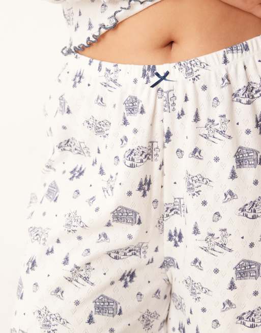 ASOS DESIGN Curve pointelle pajama long sleeve tee and pants set in blue scenic print, 4 of 4