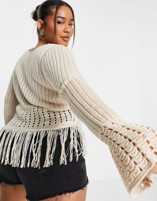 ASOS DESIGN Curve pointelle sweater with lace up front and fringe hem in  cream