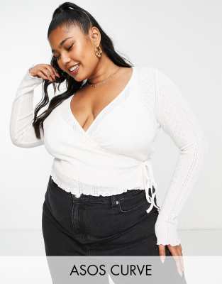 ASOS DESIGN Curve pointelle wrap top in ecru-Neutral