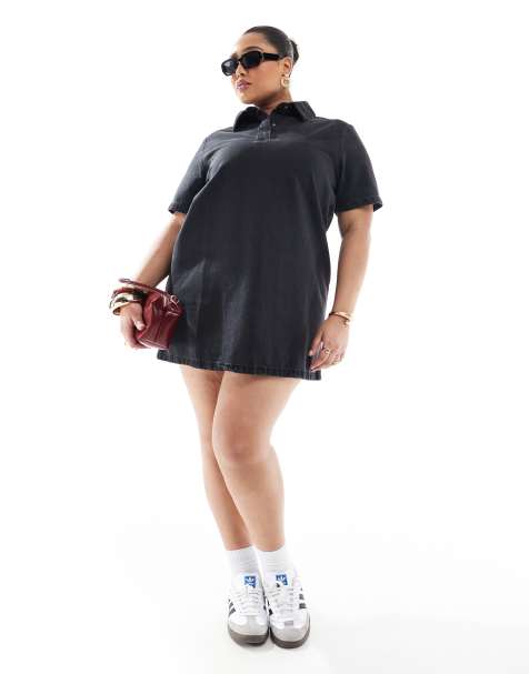 ASOS DESIGN Curve – Polo-Jeanskleid in verwaschenem Schwarz - view 1
