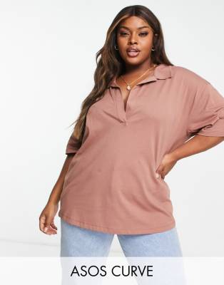 ASOS DESIGN Curve oversized polo t-shirt in brown - ASOS Price Checker