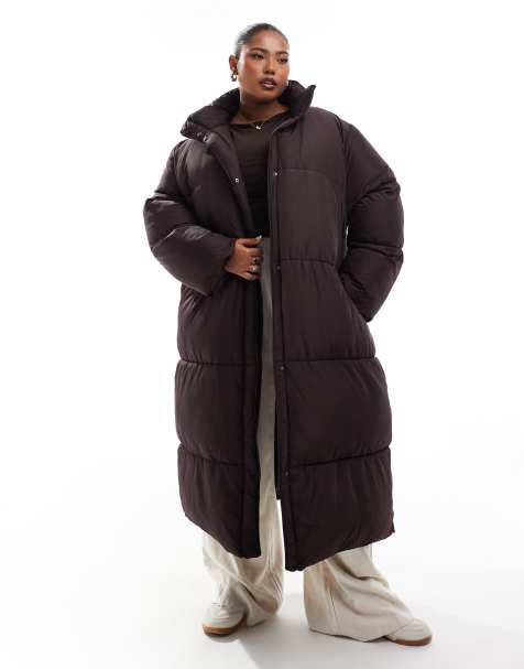 ASOS DESIGN Curve - Polstret longline-jakke i chokoladebrun - view 1