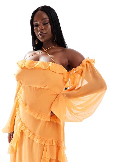 ASOS DESIGN Curve – Pomarańczowa skrzyżowana na szyi sukienka maxi z odkrytymi ramionami i falbankami