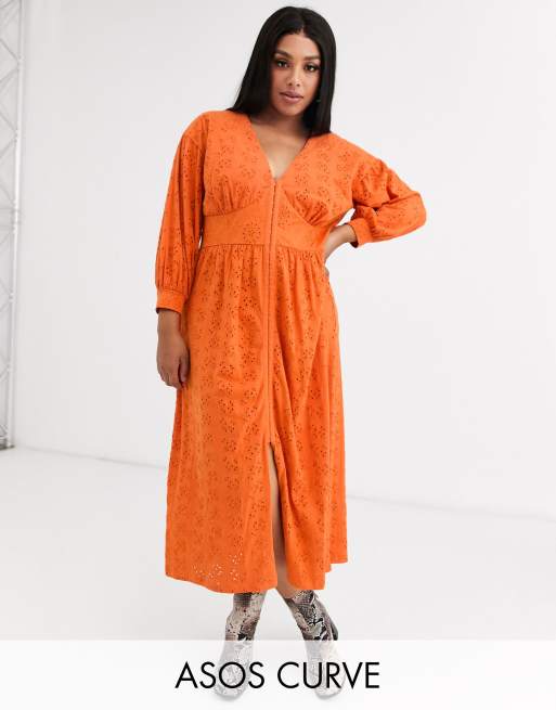 ASOS DESIGN Curve – Pomarańczowa sukienka midi z angielskim haftem zapinana na haftki
