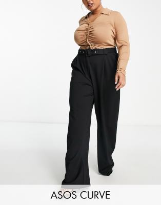 ASOS DESIGN Curve - Ponte-Hose in Schwarz mit weitem Schnitt und integriertem Gürtel