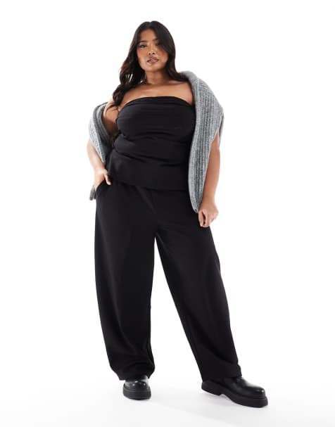 ASOS DESIGN Curve ponte pleated bandeau top and barrel leg pants set in black - view 1