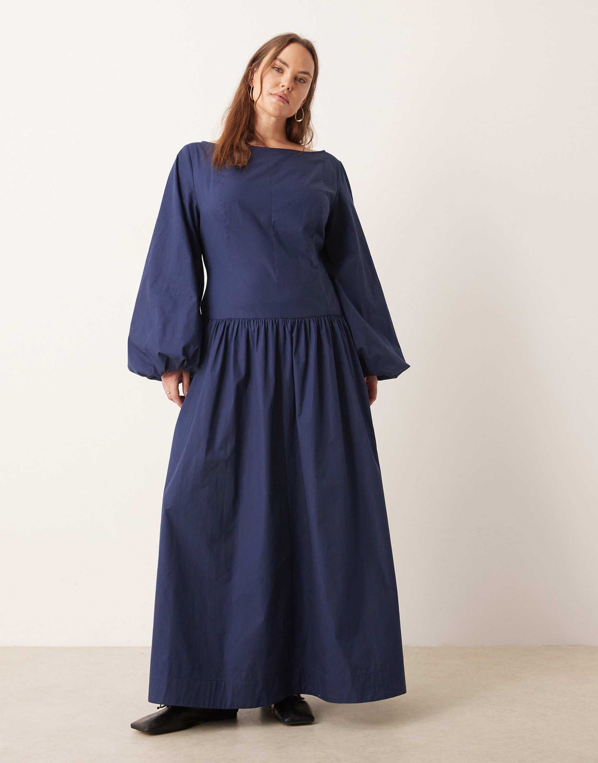 asos design curve poplin maxi dress with asymmetric waist and volume sleeves in navy