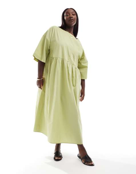 ASOS DESIGN Curve poplin midi  t-shirt smock dress in green - view 1