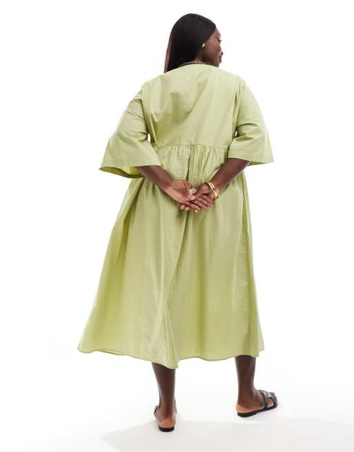 ASOS DESIGN Curve poplin midi  t-shirt smock dress in green, 4 of 4