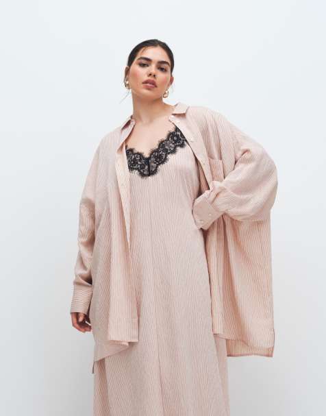 ASOS DESIGN Curve poplin oversized shirt dress co-ord in pink stripe - view 1