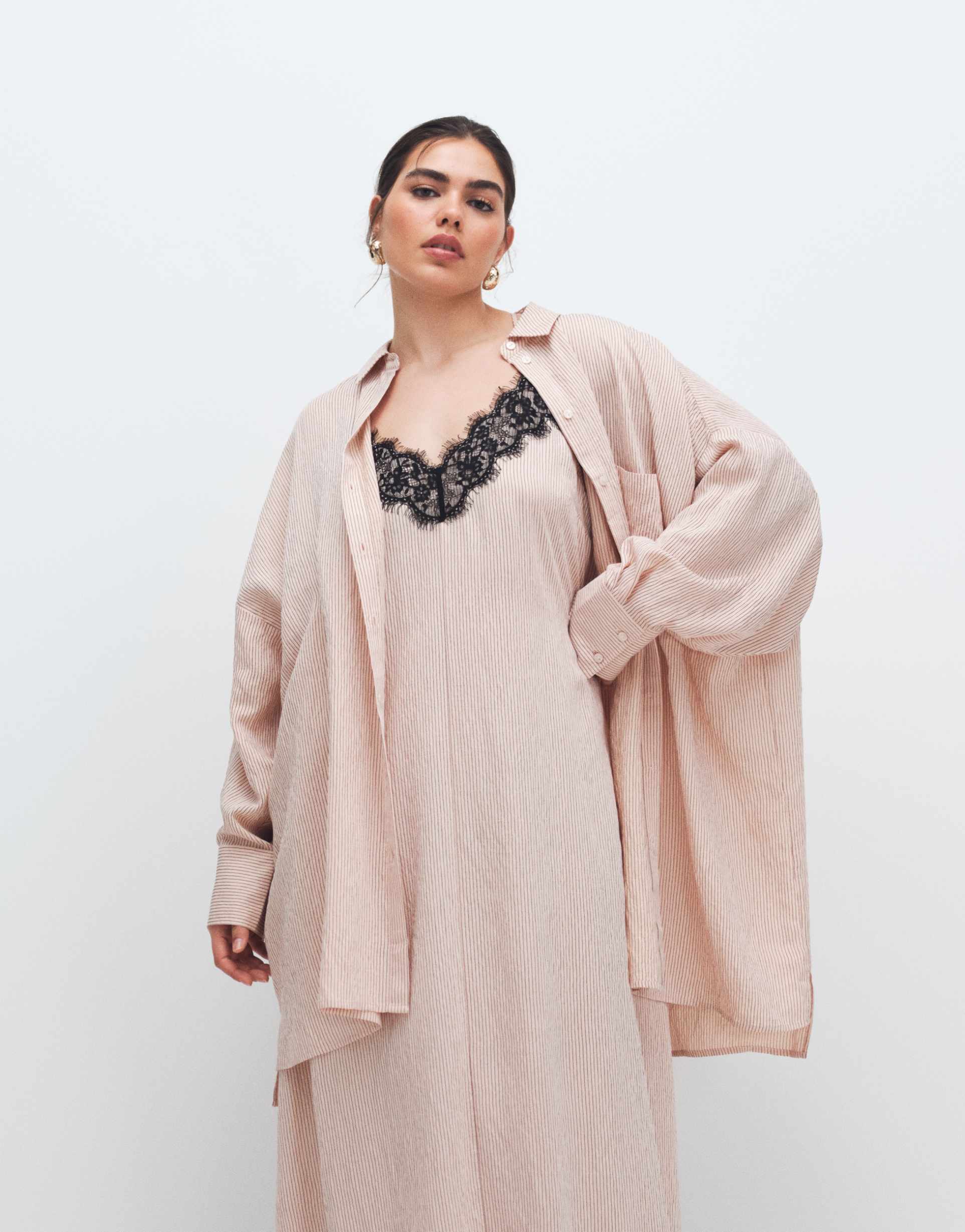 asos design curve poplin oversized shirt dress in pink stripe - part of a set