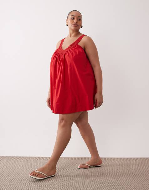 ASOS DESIGN Curve poplin v-neck mini smock sundress with lace overlay in tomato red - view 1