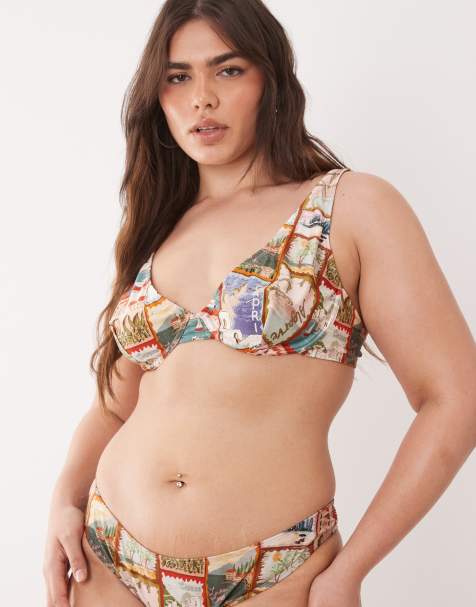 ASOS DESIGN Curve – Posey – Góra od bikini z fiszbinami w pocztówkowy wzór - view 1